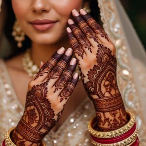 traditional bridal mehndi with red chooda & diamond rings (1)